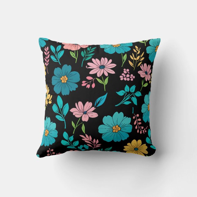 Whimsical Blossoms on Midnight Blackground Throw Pillow (Back)