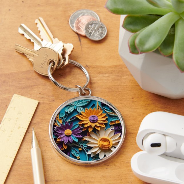 Whimsical Blossoms: Quilled Floral Paper Art Keychain (Desk)
