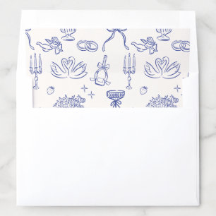Whimsical blue and blush, hand drawn wedding envelope liner