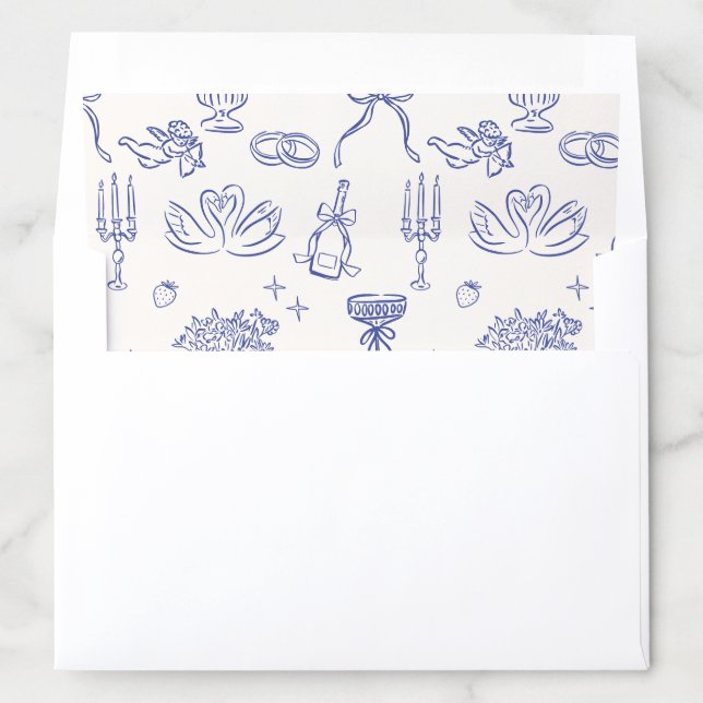 Whimsical blue and blush, hand drawn  wedding  envelope liner (In Envelope)