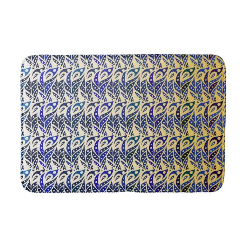 Whimsical blue and gold peacock feather pattern bath mat