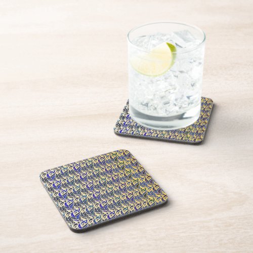 Whimsical blue and gold peacock feather pattern coaster