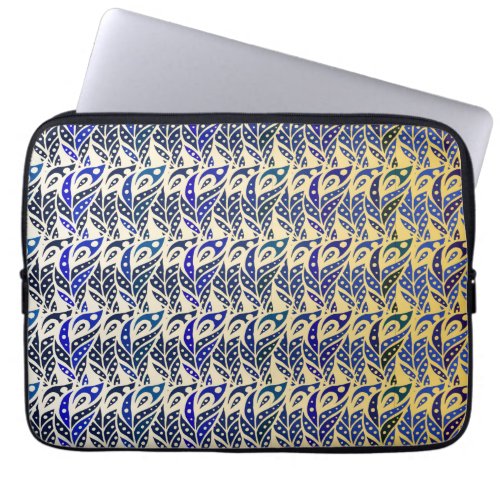 Whimsical blue and gold peacock feather pattern laptop sleeve