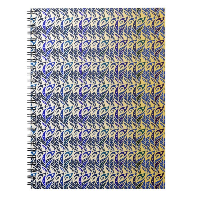 Whimsical blue and gold peacock feather pattern notebook (Front)