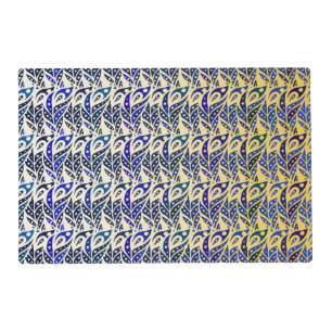 Whimsical blue and gold peacock feather pattern placemat