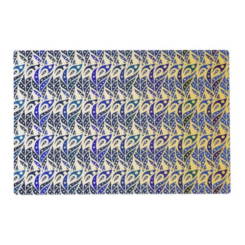 Whimsical blue and gold peacock feather pattern placemat