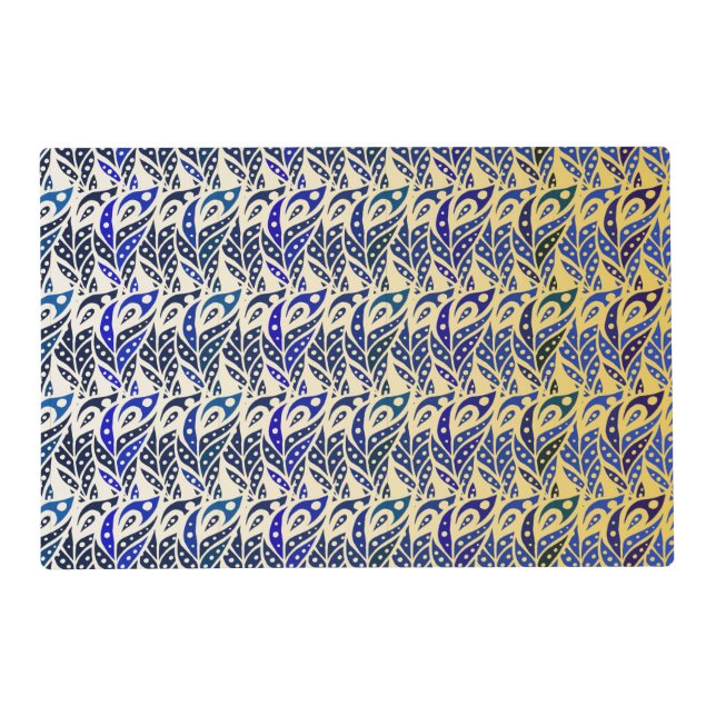 Whimsical blue and gold peacock feather pattern placemat (Front)