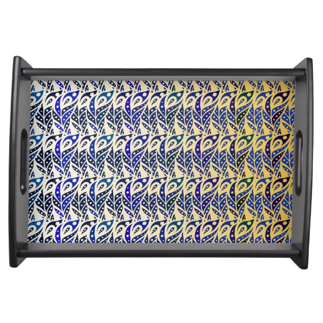 Whimsical blue and gold peacock feather pattern serving tray (Front)