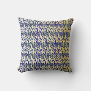 Whimsical blue and gold peacock feather pattern throw pillow