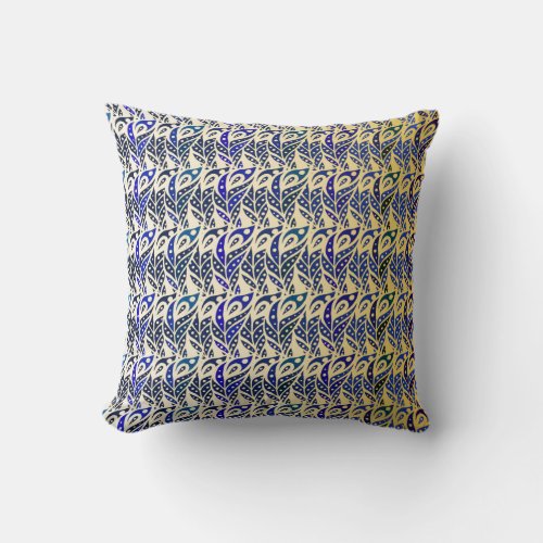 Whimsical blue and gold peacock feather pattern throw pillow