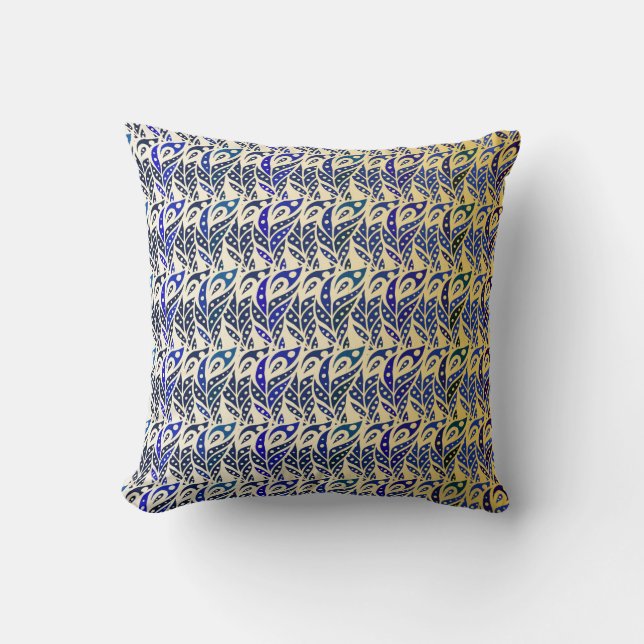 Whimsical blue and gold peacock feather pattern throw pillow (Front)