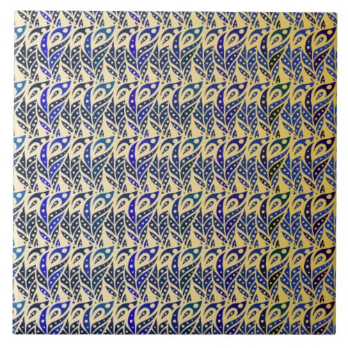 Whimsical blue and gold peacock feather pattern tile