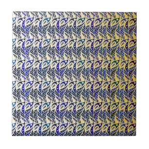Whimsical blue and gold peacock feather pattern tile