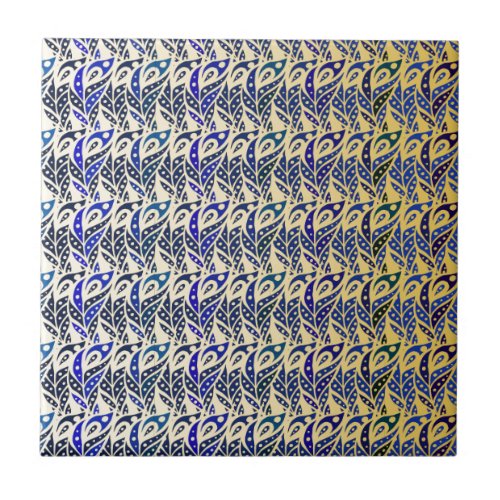Whimsical blue and gold peacock feather pattern tile