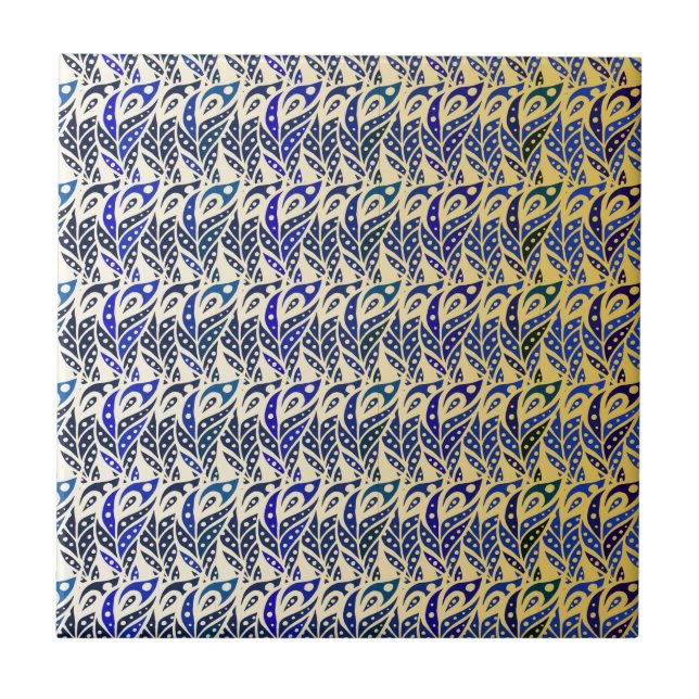 Whimsical blue and gold peacock feather pattern tile (Front)