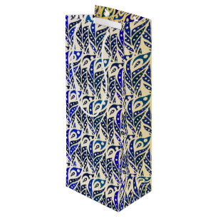 Whimsical blue and gold peacock feather pattern wine gift bag