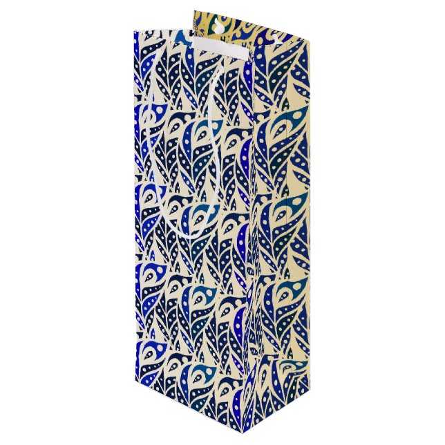 Whimsical blue and gold peacock feather pattern wine gift bag (Back Angled)