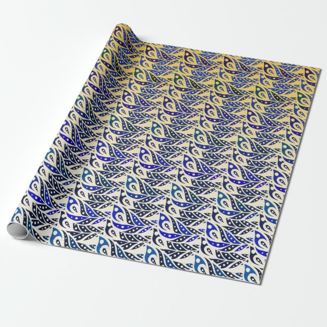 Whimsical blue and gold peacock feather pattern wrapping paper (Unrolled)