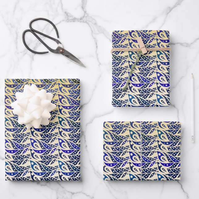 Whimsical blue and gold peacock feather pattern  wrapping paper sheets (Front)