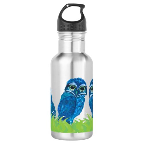 Whimsical Blue and Green Burrowing Owl Art Water Bottle