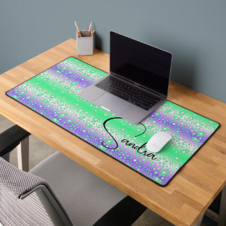 Whimsical Blue and Green Floral Design Desk Mat