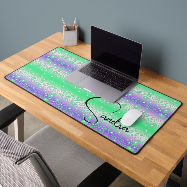 Whimsical Blue and Green Floral Design Desk Mat (Office 2)