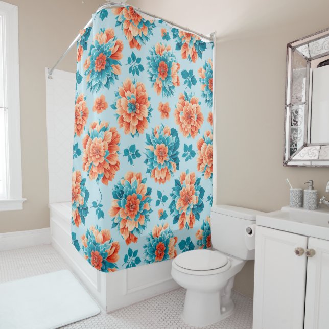 Whimsical Blue and Orange Blossoms: Artistic  Shower Curtain (In Situ)