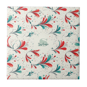 Whimsical Blue and Red Paisley Leaf Pattern (2) Ceramic Tile
