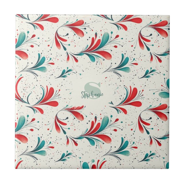 Whimsical Blue and Red Paisley Leaf Pattern (2) Ceramic Tile (Front)