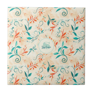 Whimsical Blue and Red Paisley Leaf Pattern (2) Ceramic Tile