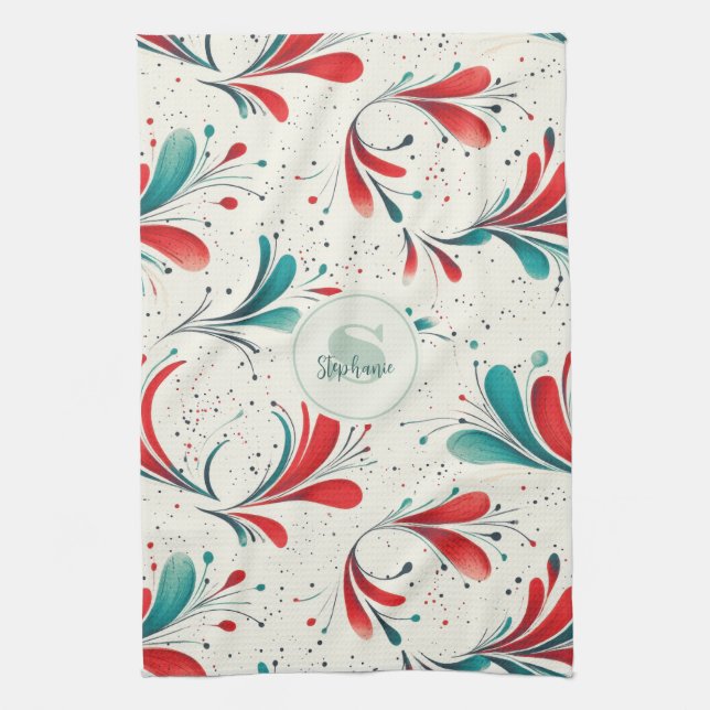 Whimsical Blue and Red Paisley Leaf Pattern (2) Kitchen Towel (Vertical)