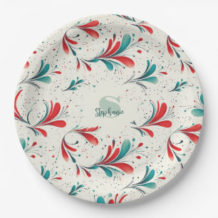 Whimsical Blue and Red Paisley Leaf Pattern (2) Paper Plates
