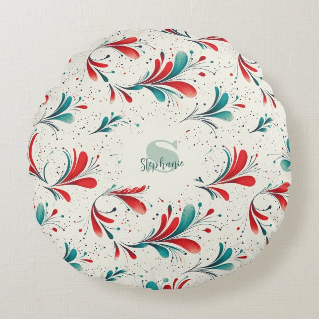 Whimsical Blue and Red Paisley Leaf Pattern (2) Round Pillow (Front)