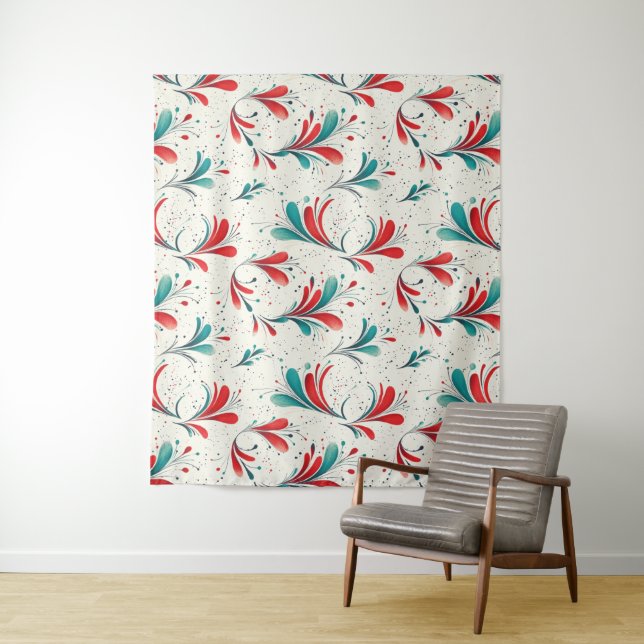 Whimsical Blue and Red Paisley Leaf Pattern (2) Tapestry (In Situ)