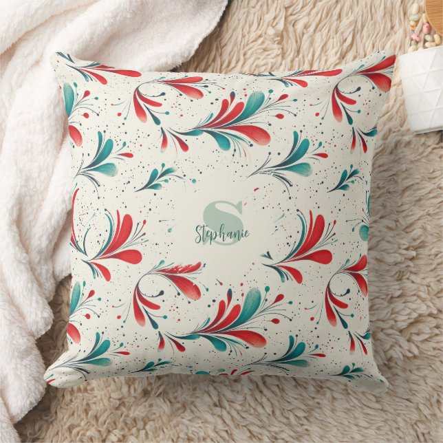 Whimsical Blue and Red Paisley Leaf Pattern (2) Throw Pillow (Blanket)