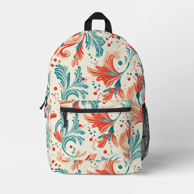 Whimsical Blue and Red Paisley Leaf Pattern Printed Backpack (Front)