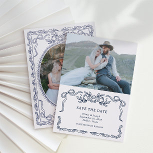 Whimsical Blue and White Line Art Save the Date Letterpress Photo Cards