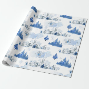 Whimsical Blue and White Mouse Village Holiday Wrapping Paper
