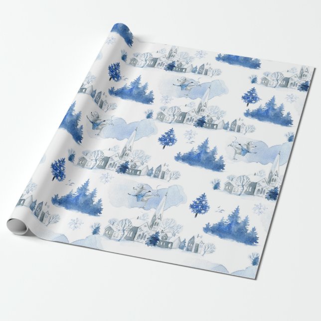 Whimsical Blue and White Mouse Village Holiday Wrapping Paper (Unrolled)