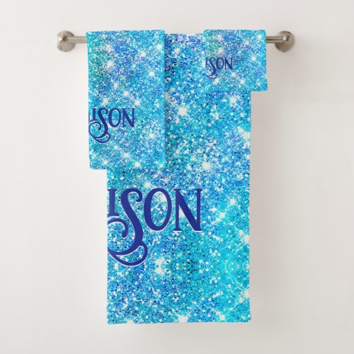 Whimsical blue aqua faux Glitter monogram Bath Towel Set