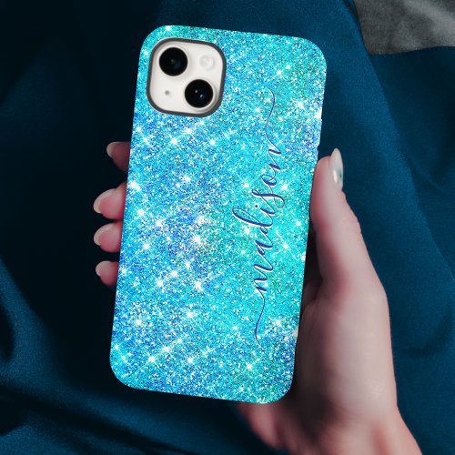 Whimsical blue aqua faux Glitter monogram Case_Mat iPhone 15 Case