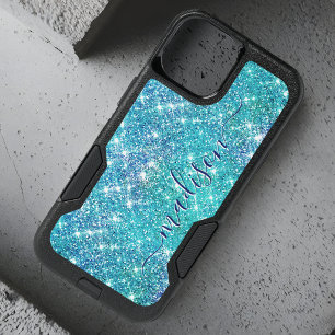 Whimsical blue aqua faux Glitter monogram Case-Mat iPhone 15 Case