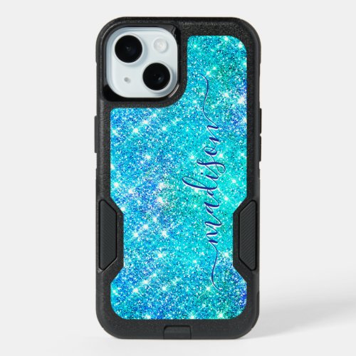 Whimsical blue aqua faux Glitter monogram Case_Mat iPhone 15 Case