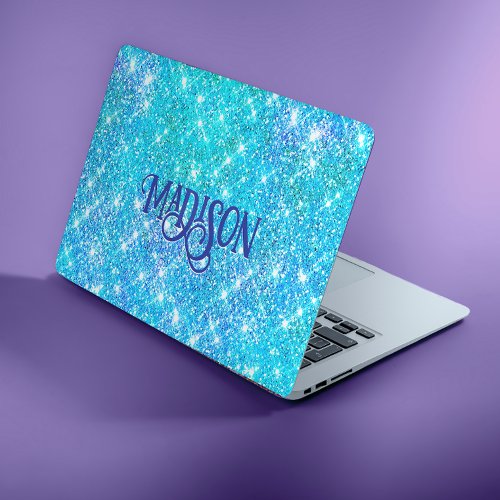 Whimsical blue aqua faux Glitter monogram HP Laptop Skin