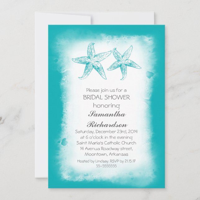 Whimsical blue beach bridal shower invitations (Front)