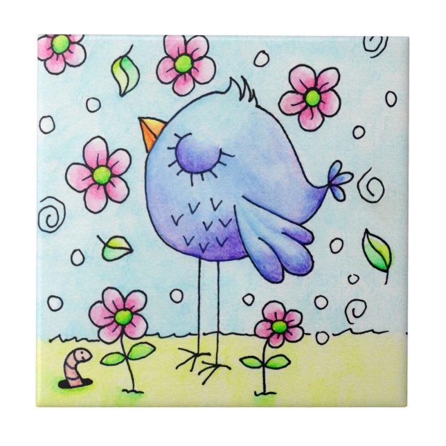 Whimsical Blue Bird And Flowers Ceramic Tile (Front)