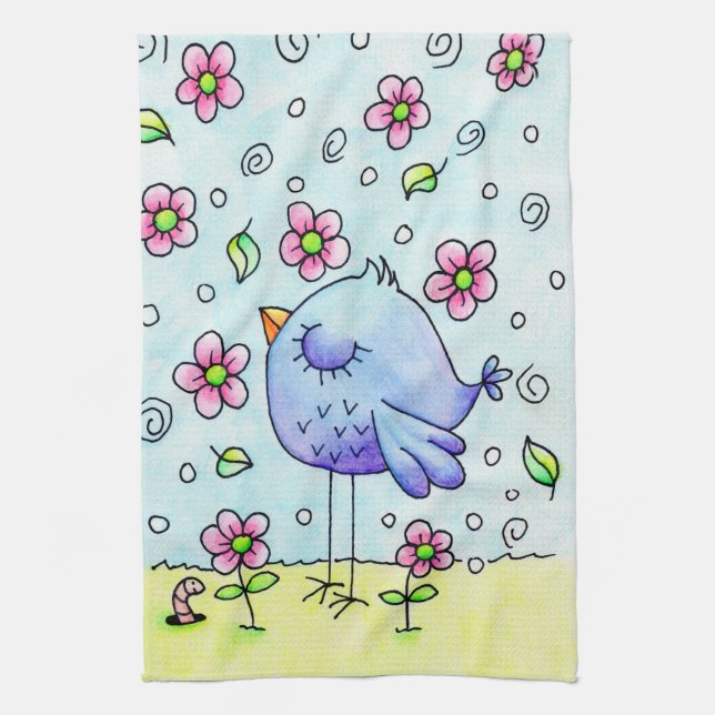 Whimsical Blue Bird And Flowers Kitchen Towel (Vertical)