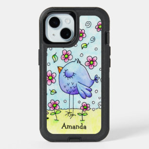 Whimsical Blue Bird And Flowers Personalized iPhone 15 Case
