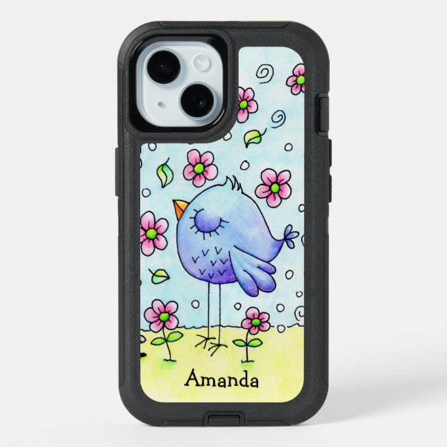 Whimsical Blue Bird And Flowers Personalized iPhone 15 Case (Back)