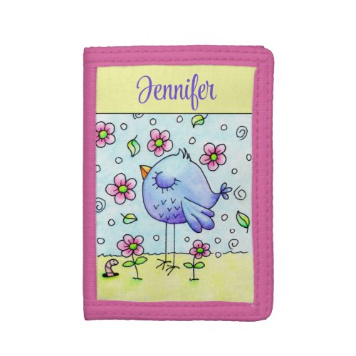 Whimsical Blue Bird And Flowers Personalized Trifold Wallet